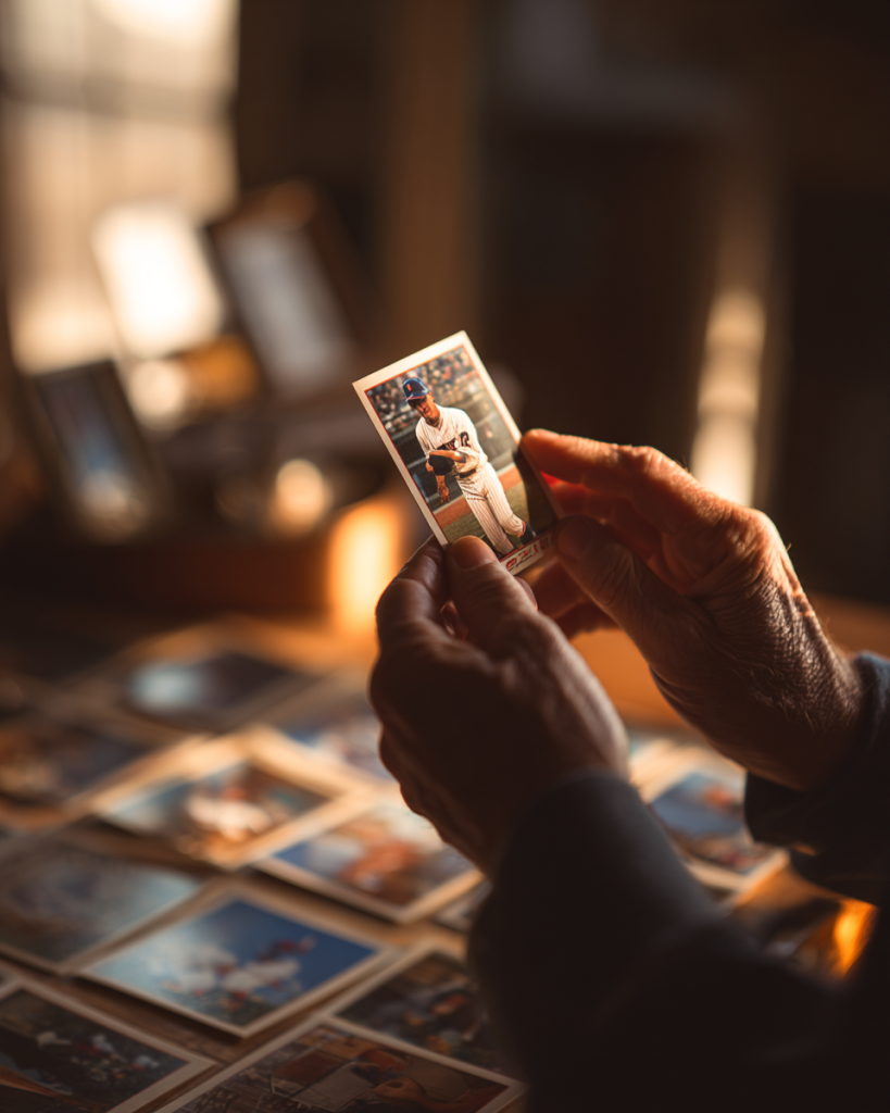 Collector examining baseball card condition before scanning to determine value