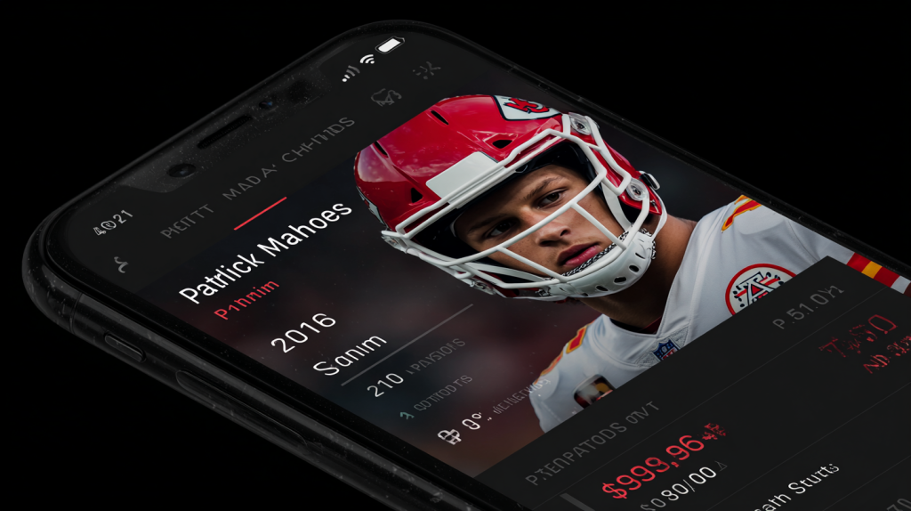 Sports card scanner app showing identification results and market value for Patrick Mahomes card