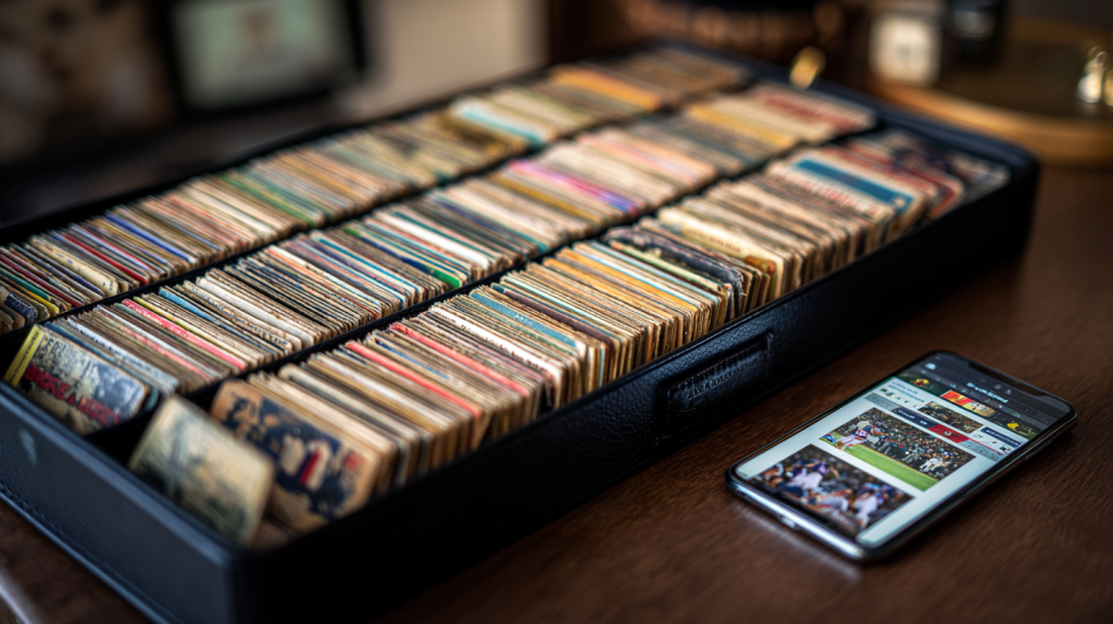 Sports card collection with scanner app showing values — organize and value your collection