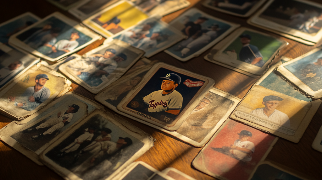 Baseball card values — vintage cards including Mickey Mantle on wooden surface