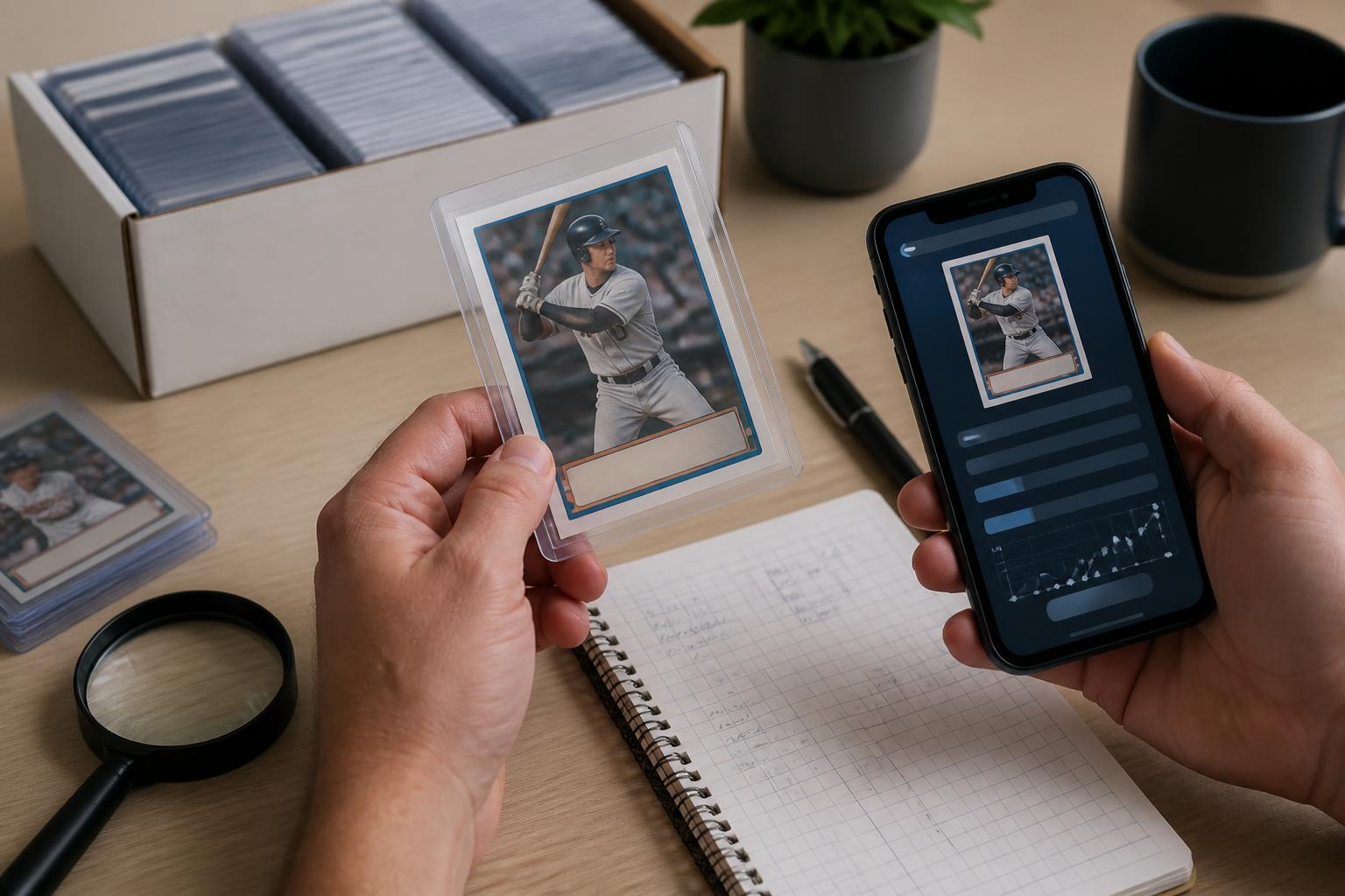 A sports card valuation setup with a magnifying glass, card sleeve, and smartphone scanner