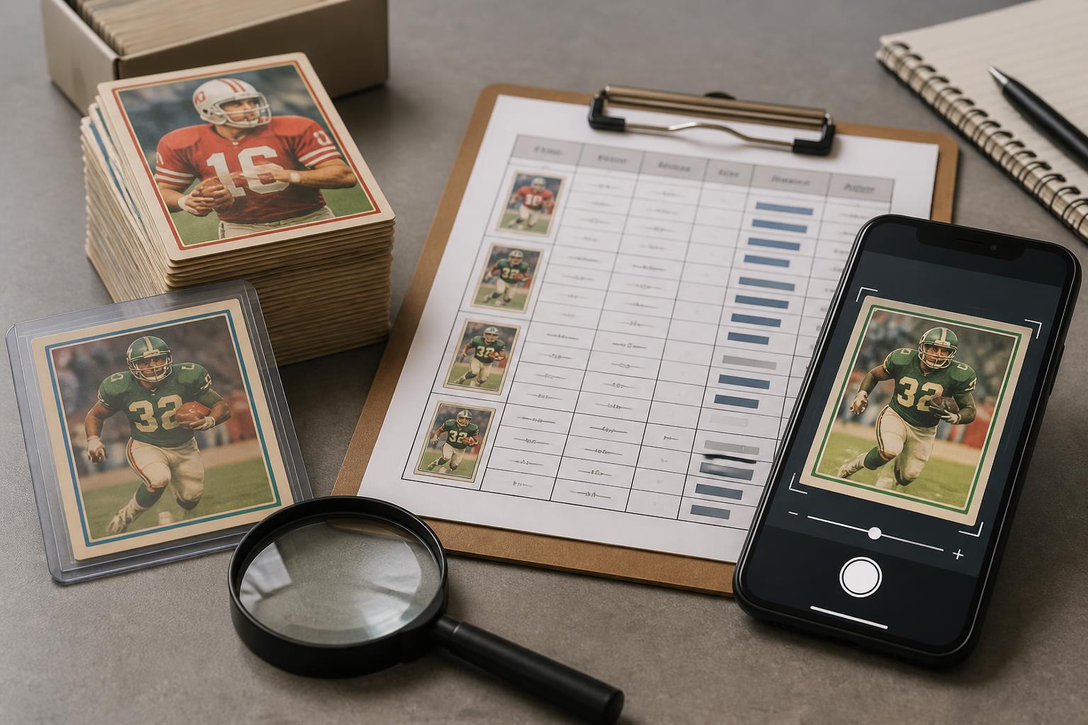Vintage football trading cards with a magnifying glass and phone for checking card value