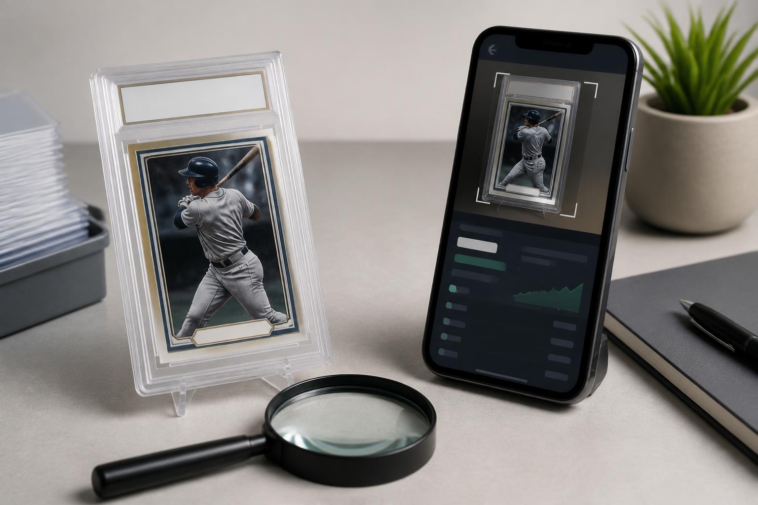 Trading card valuation setup with a slabbed card, magnifying glass, and smartphone scanner
