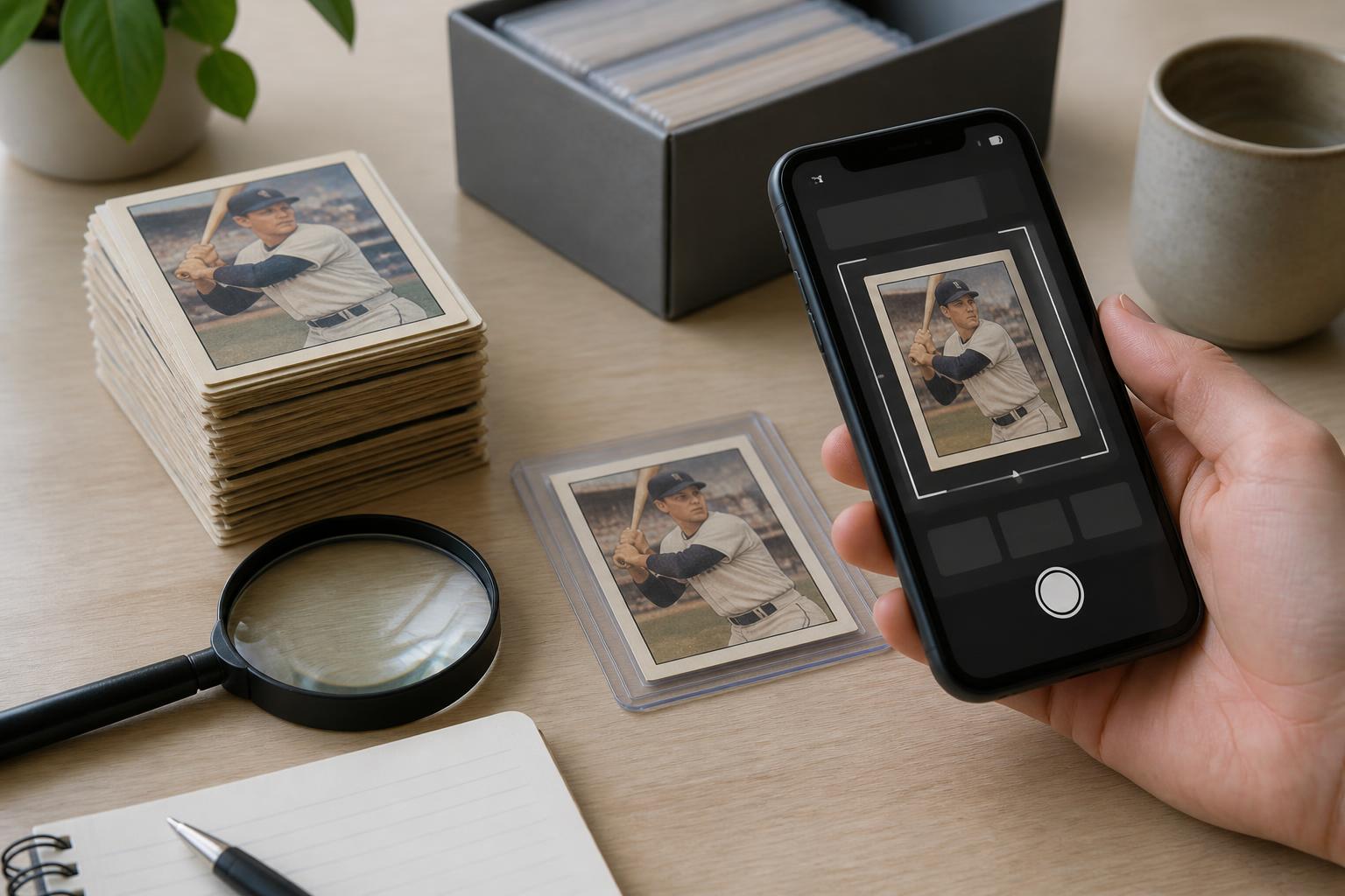 Vintage baseball cards with a magnifying glass and smartphone scanner on a desk