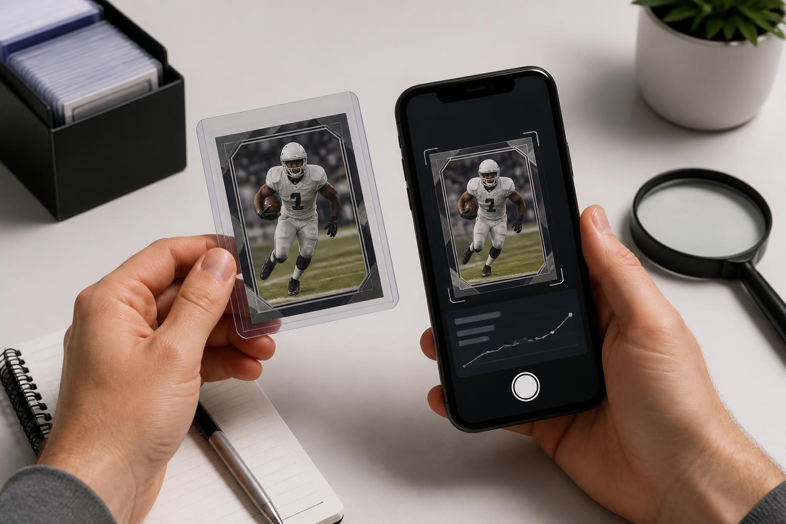A football trading card being inspected with a smartphone and magnifying glass