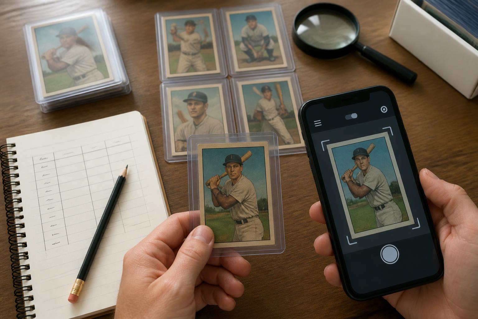 Vintage baseball cards on a desk with magnifying glass and smartphone for card value lookup.