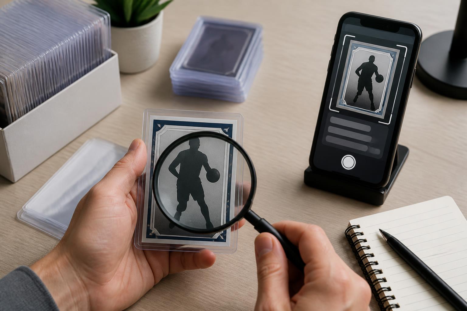 Sports card valuation setup with a phone scanner, magnifying glass, and card sleeves