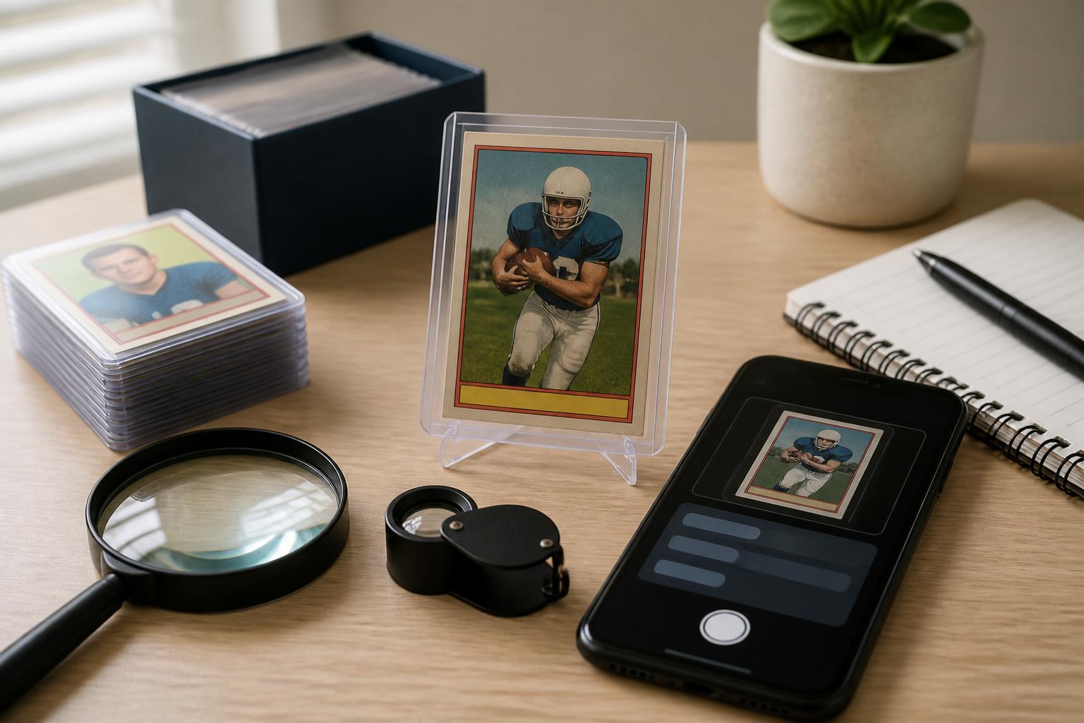 Vintage football card valuation setup with a magnifying glass, sleeve, and phone scanner