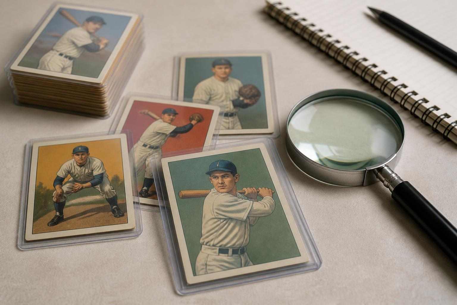 Vergleich mehrerer Baseball-Sammelkarten mit Lupe auf neutralem Tisch