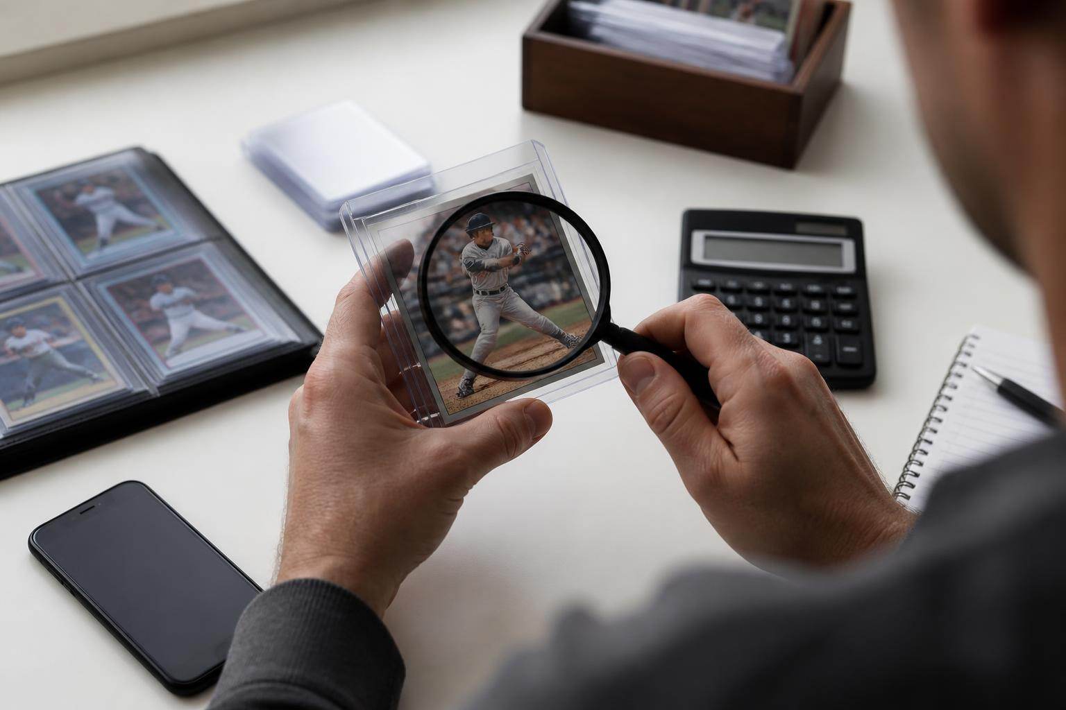 Une carte de baseball examinée avec une loupe, un téléphone et des accessoires de tri