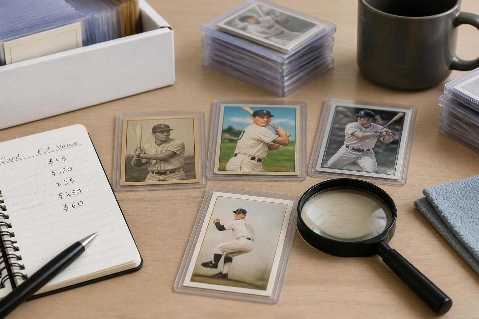 Carte baseball disposte su un tavolo con lente d’ingrandimento e schede di valutazione