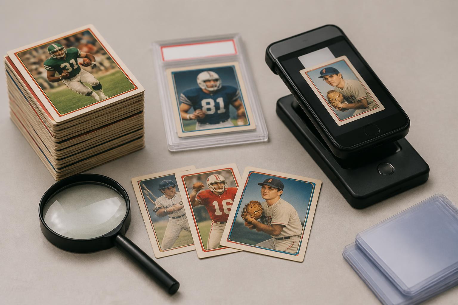 deion sanders football card value: Vintage sports cards, magnifying glass, and scanner on a clean desk