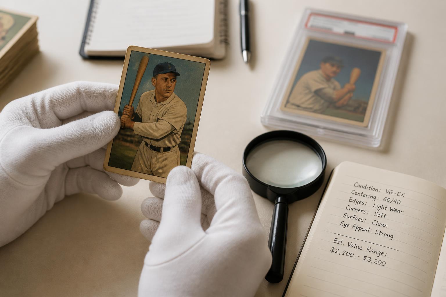 A vintage baseball card being examined with a magnifying glass and grading slab on a collector's desk