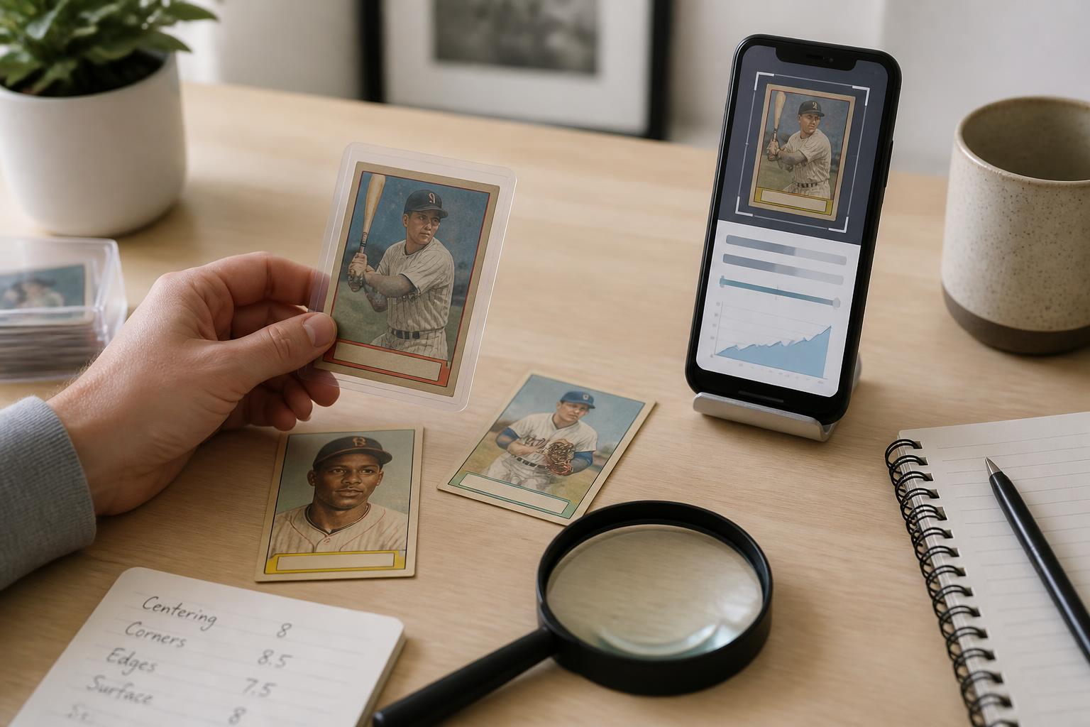 Vintage baseball cards and a smartphone used for checking card value