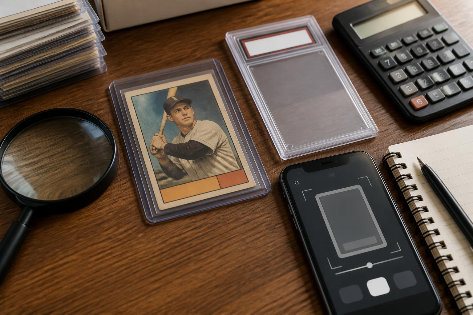 Vintage baseball card value guide setup with a magnifying glass, sleeve, and smartphone scanner
