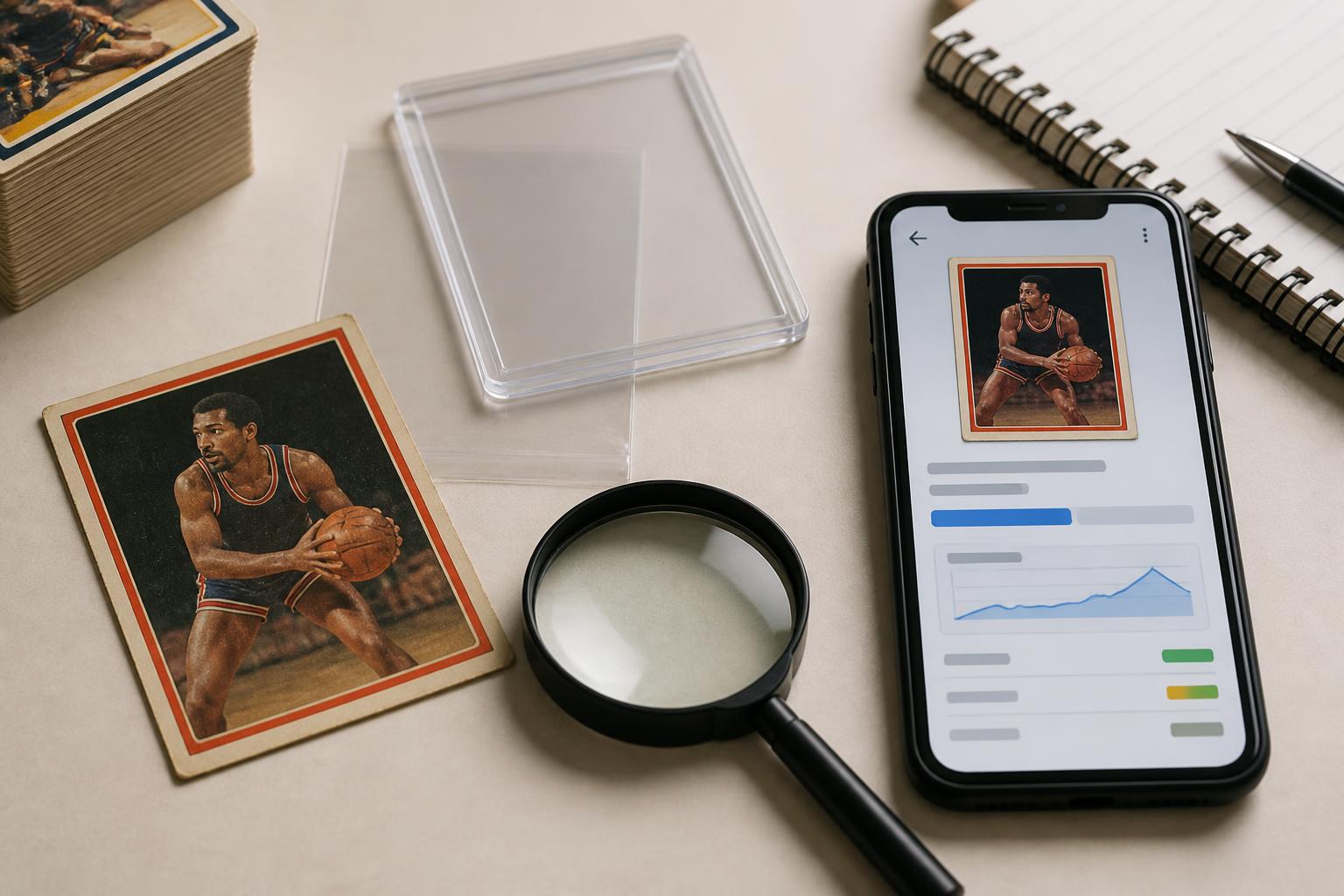 larry bird basketball card value: Vintage basketball card beside a magnifying glass and grading sleeve on a desk