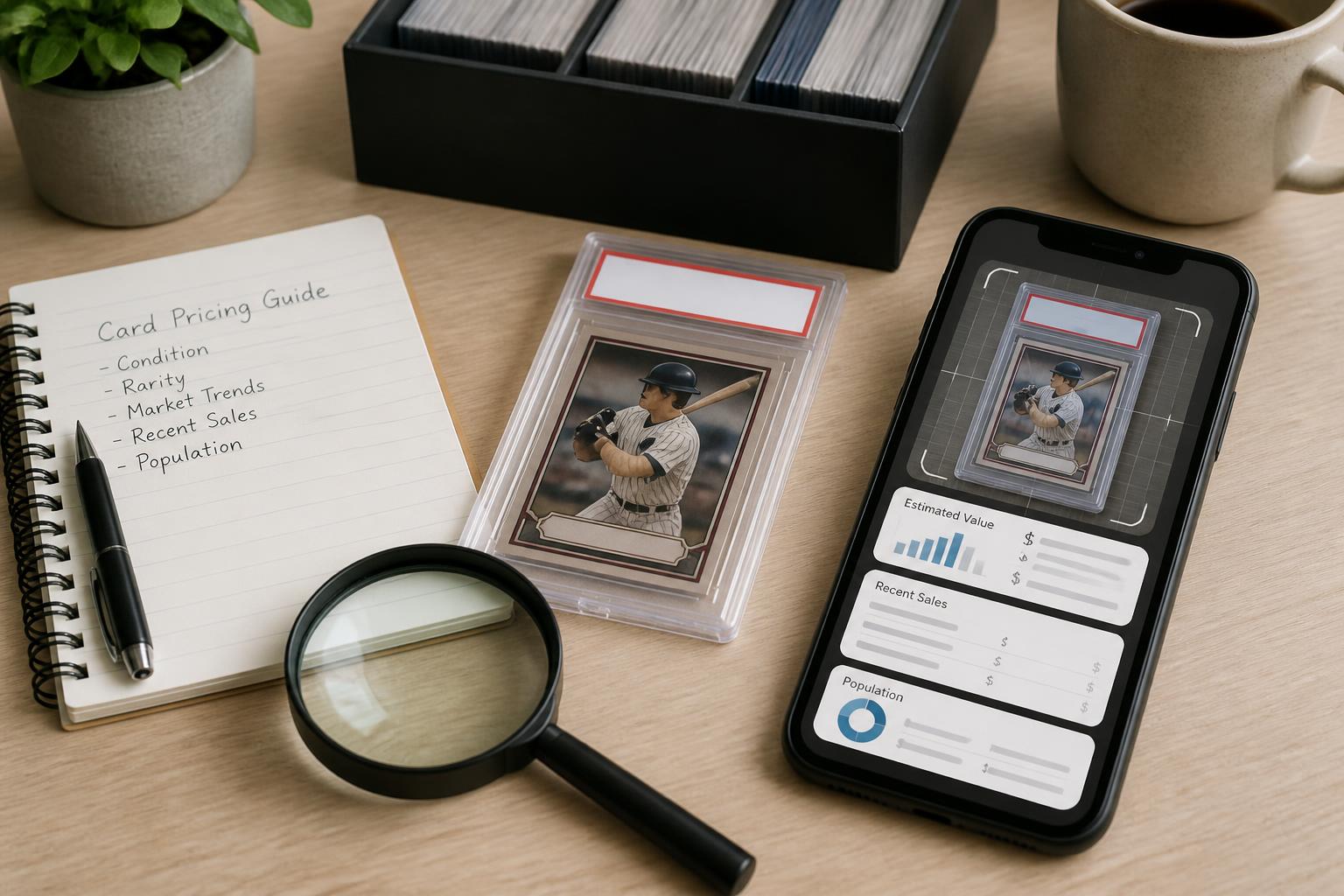 Sports card grading and price lookup setup with a slabbed card and smartphone