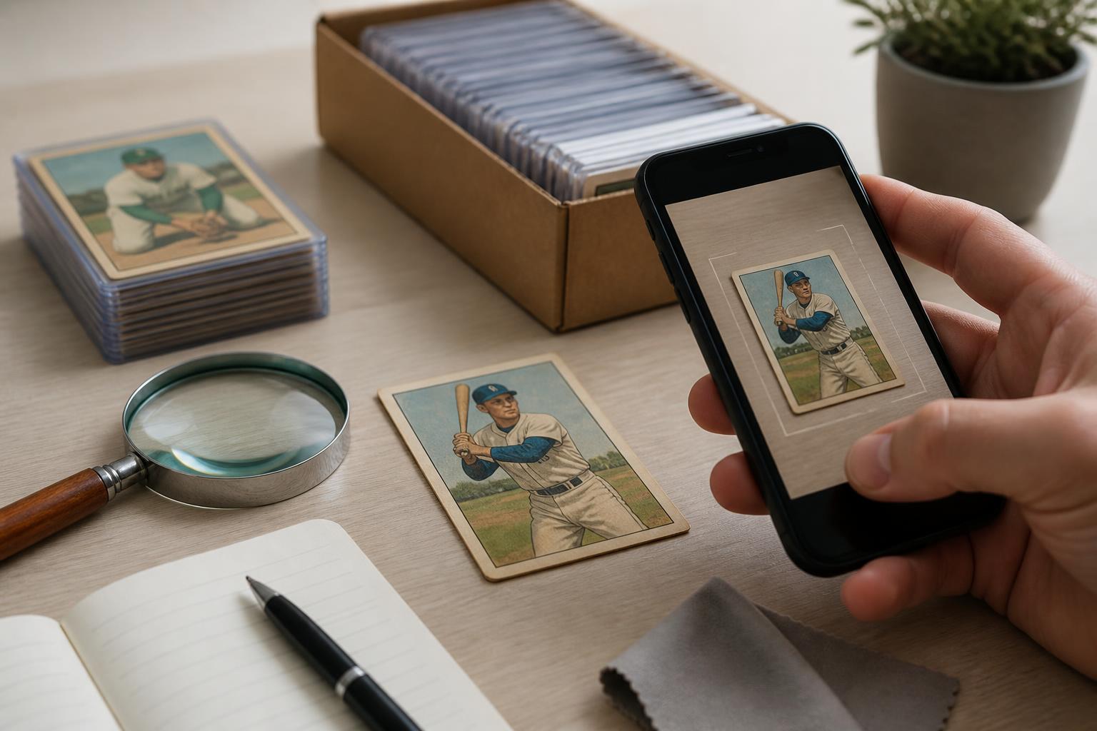 rickey henderson baseball card value: Vintage baseball card being inspected with a magnifying glass beside a smartphone