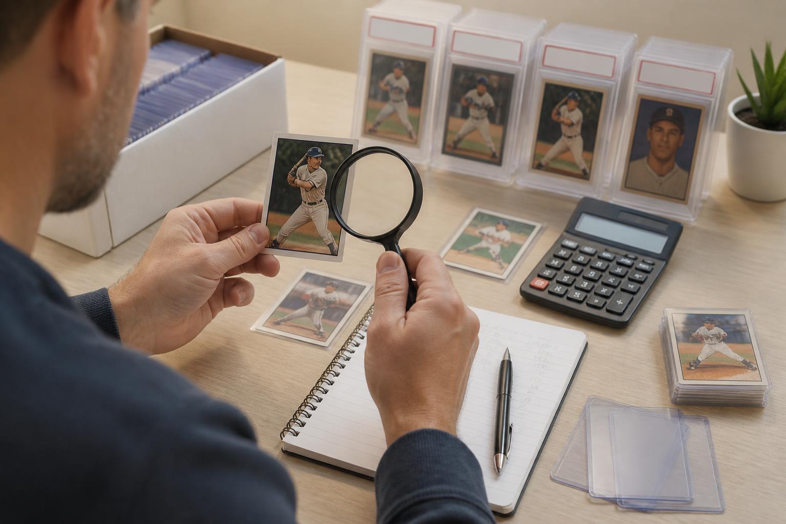 sammy sosa baseball card value: Collector examining baseball cards with a magnifying glass and grading tools on a desk.