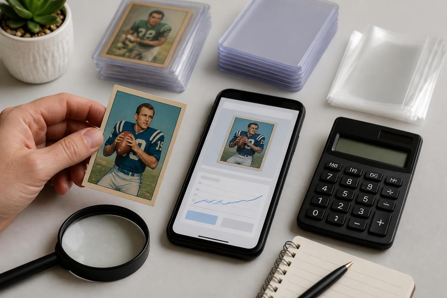 Vintage football card pricing setup with magnifying glass, sleeves, and scanner app on a phone
