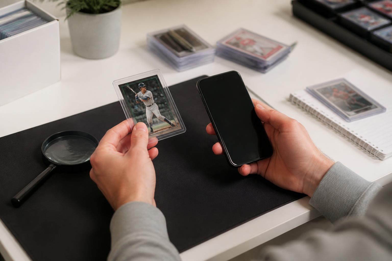 trading card value checker: Collector checking a trading card value on a smartphone at a desk