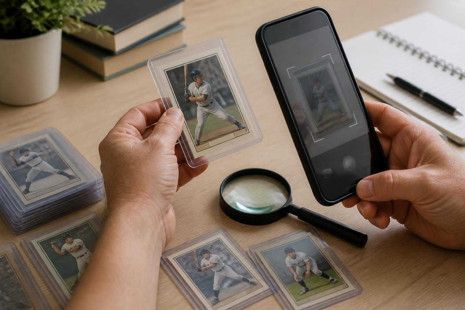 Mesa con cartas deportivas, lupa y móvil para revisar precios y estado