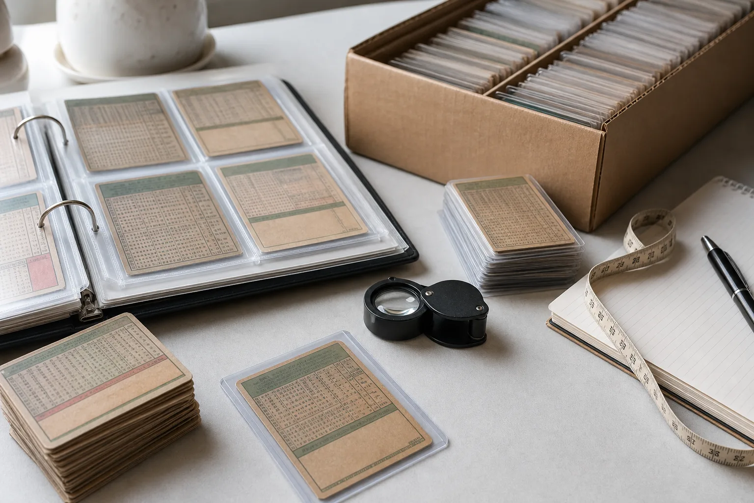 Generic vintage baseball cards and collecting tools used to inspect card condition.