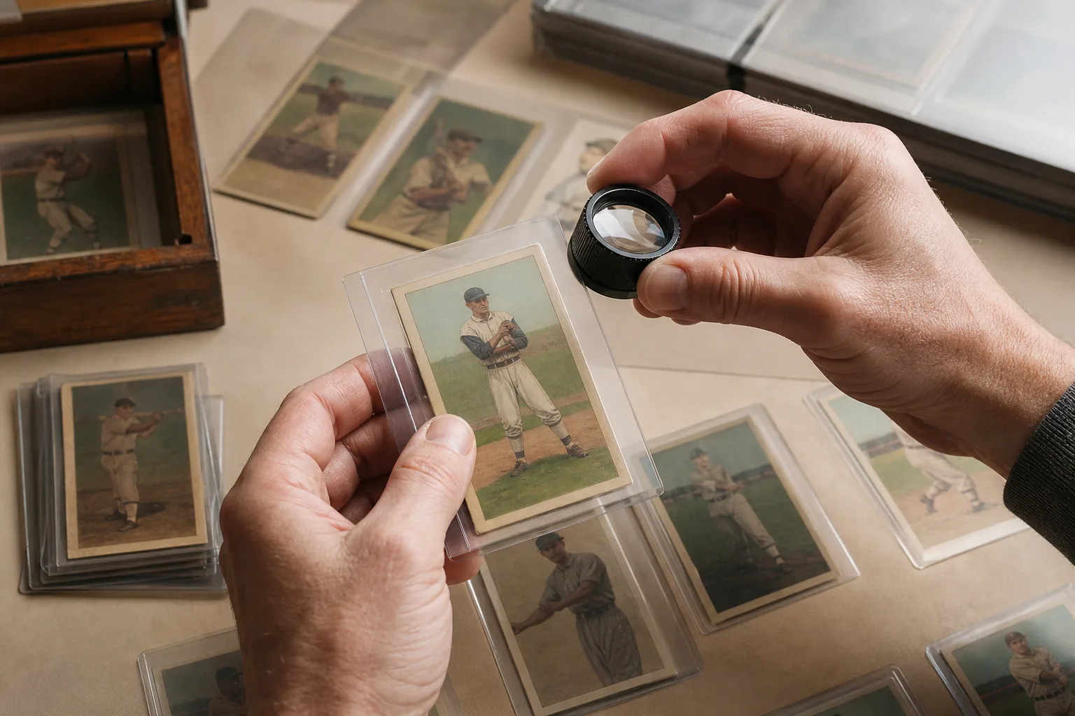 Vintage trading cards in protective sleeves being inspected with a magnifying loupe.