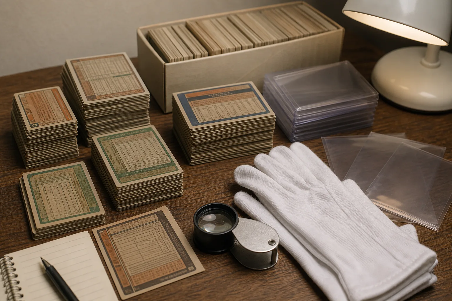 Vintage-style trading cards, sleeves, and a magnifying loupe on a collector desk.