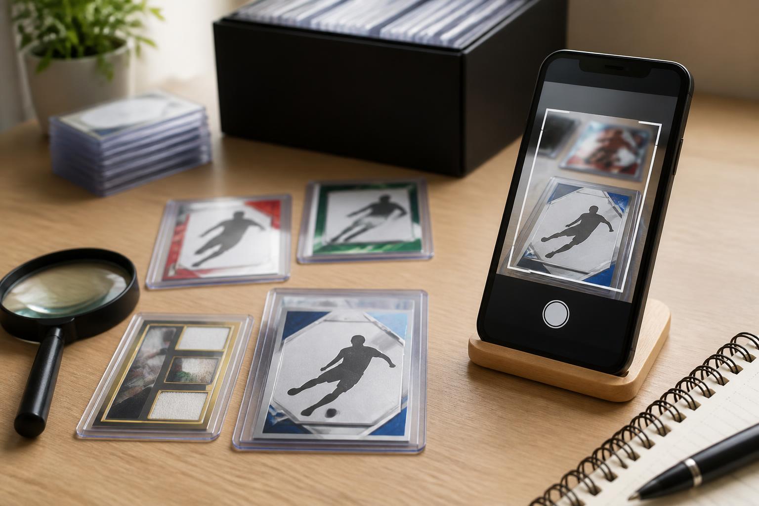 trading card wert: Sammlung von Sportkarten mit Lupe und Smartphone zur Wertprüfung
